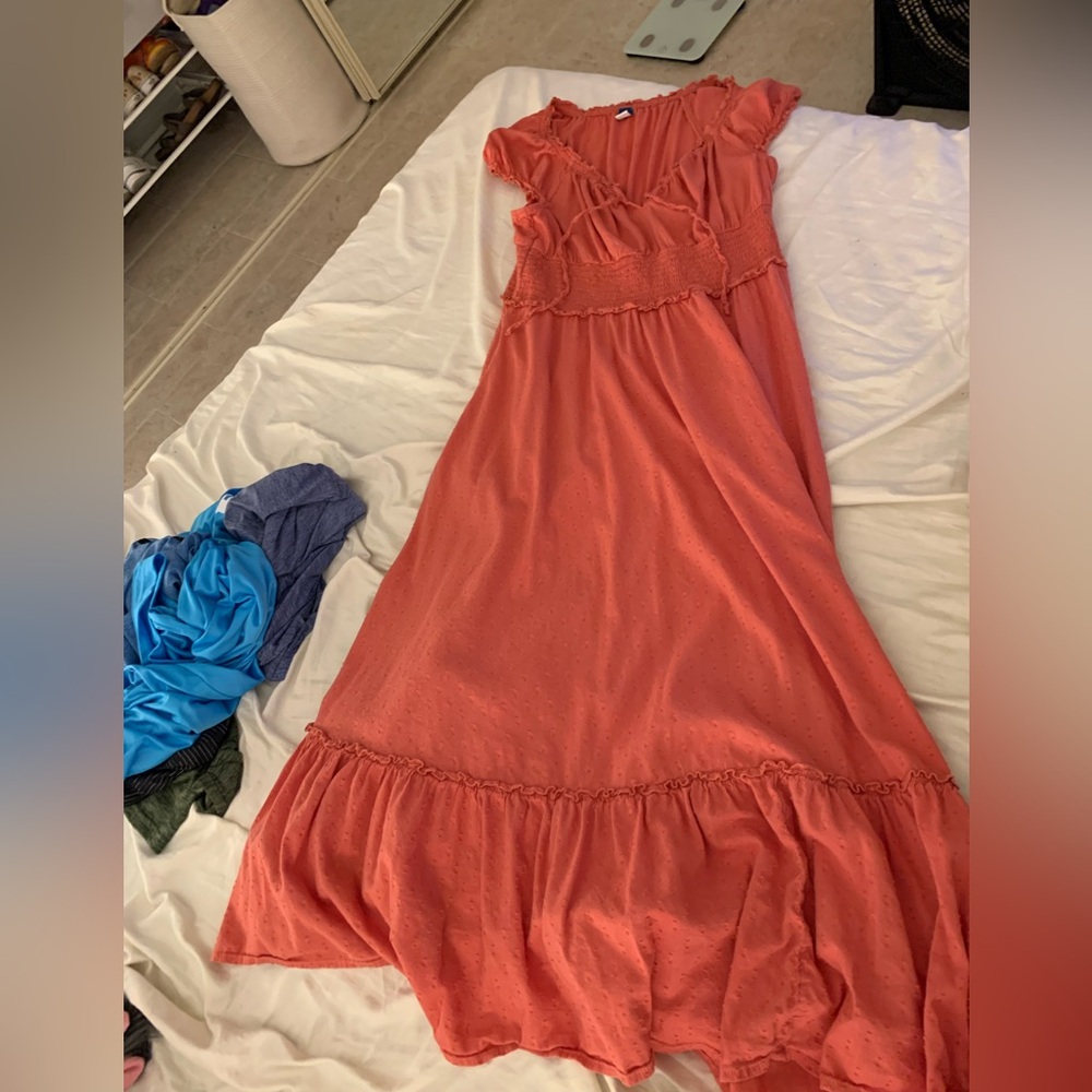 Old Navy Orange Pink Ruched Smocked Maxi Dress